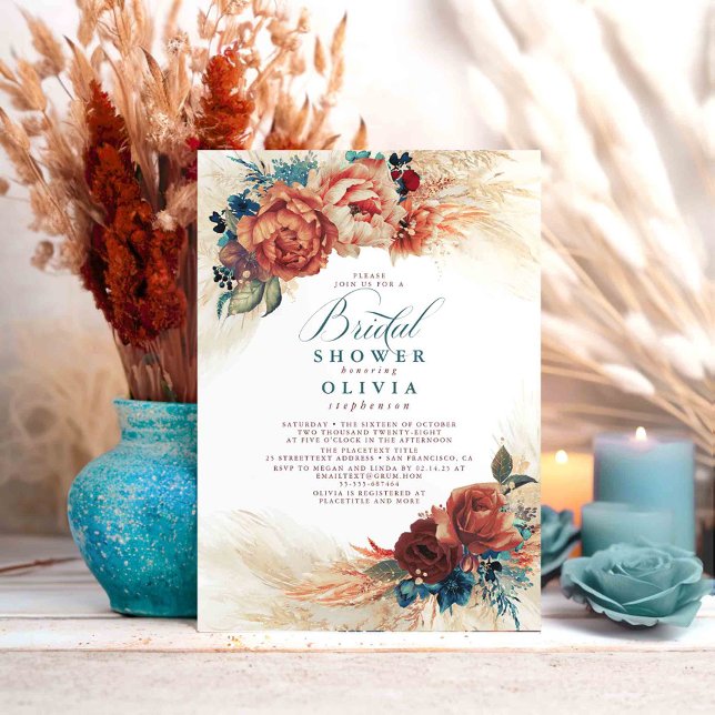 Pampas Grass Teal Blue Terracotta Bridal Shower Invitation (Teal and Terracotta Bridal Shower Invitations)