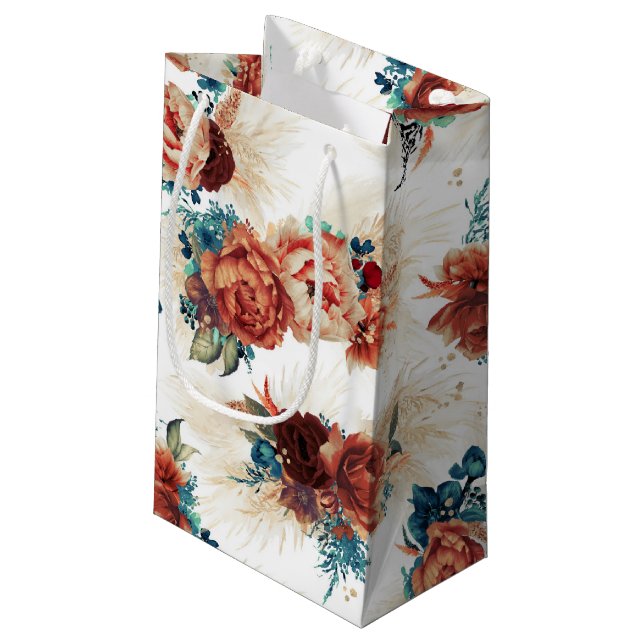 Pampas Grass Teal Blue Terracotta Floral Elegant Small Gift Bag (Back Angled)