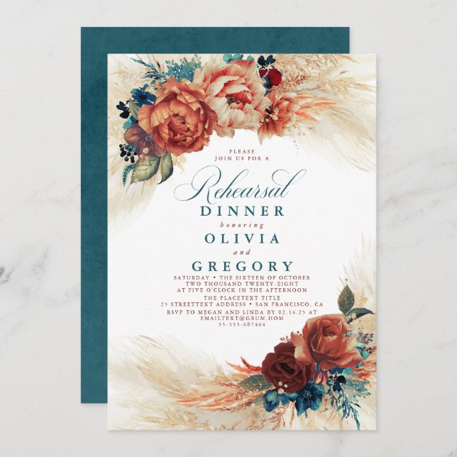 Pampas Grass Teal Blue Terracotta Rehearsal Dinner Invitation (Front/Back)