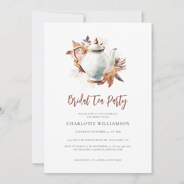 Pampas Grass Teapot Bridal Tea Party Invitation (Front)