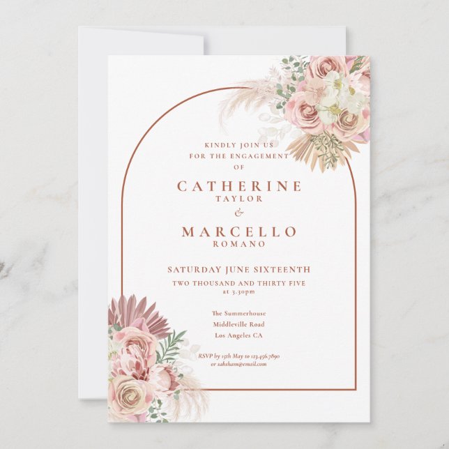 Pampas Grass Terracotta Arch Engagement Party Invitation (Front)