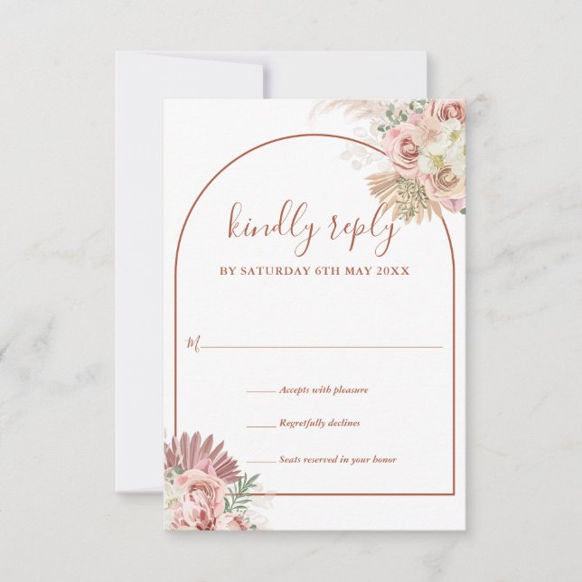 Pampas Grass Terracotta Arch Floral Monogram RSVP Card (Front)