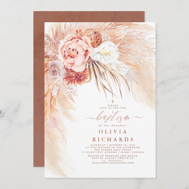 Pampas Grass Terracotta Baptism Invitation (Front/Back)