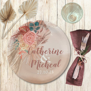 Pampas Grass Terracotta Boho Chic Wedding Party Paper Plate