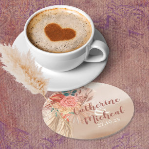 Pampas Grass Terracotta Boho Chic Wedding Party Round Paper Coaster