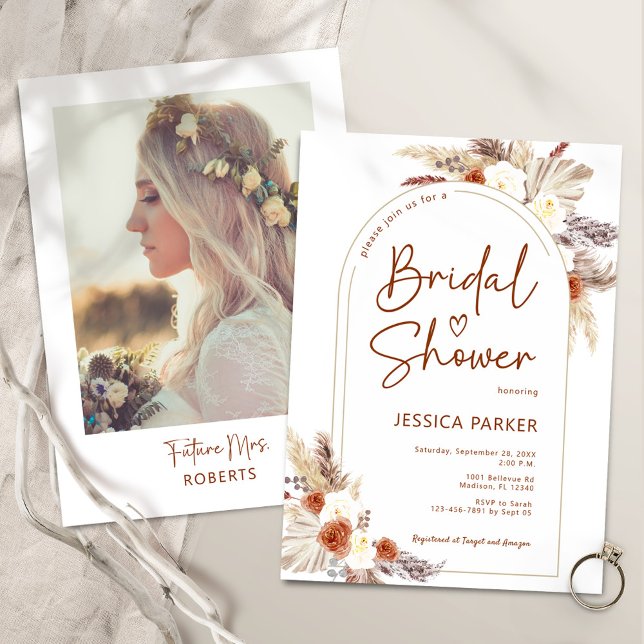 Pampas Grass Terracotta Boho Photo Bridal Shower Invitation (Creator Uploaded)
