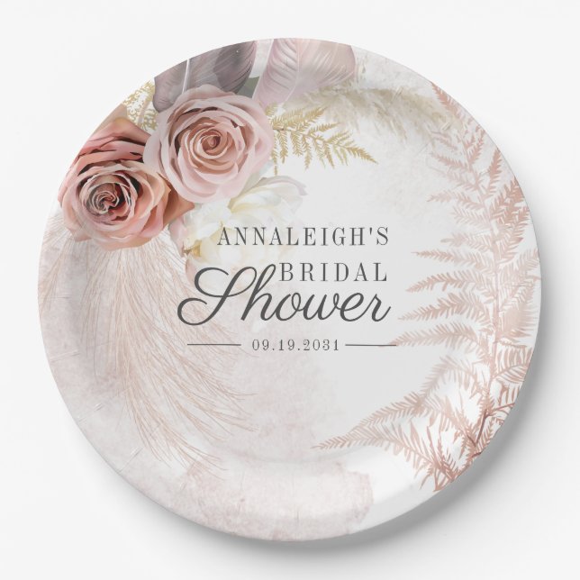Pampas Grass Terracotta Boho Tan Bridal Shower Paper Plate (Front)