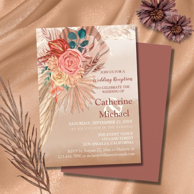 Pampas Grass Terracotta Boho Wedding Reception Invitation (Creator Uploaded)