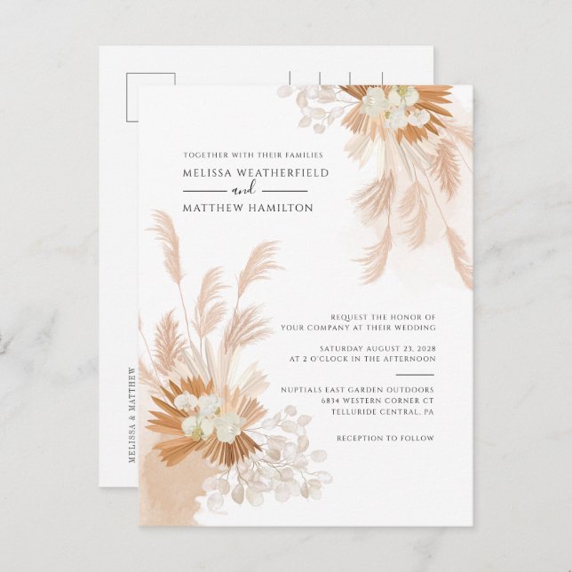 Pampas Grass Terracotta Botanical Palm Wedding Invitation Postcard (Front/Back)