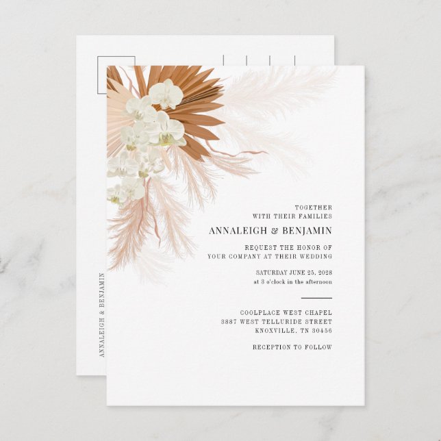 Pampas Grass Terracotta Botanical Palms Wedding Invitation Postcard (Front/Back)