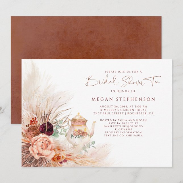 Pampas Grass Terracotta Bridal Shower Tea  Invitation (Front/Back)