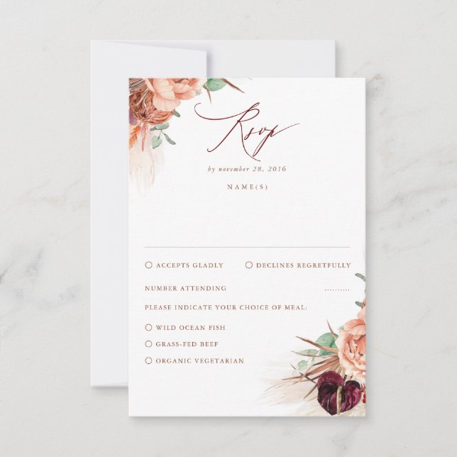 Pampas Grass Terracotta Burgundy Red Wedding RSVP (Front)