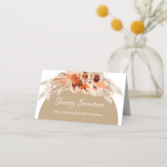 Pampas grass terracotta burnt orange beige red place card (Front)