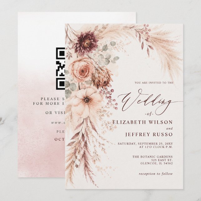 Pampas Grass Terracotta Fall QR Code Wedding Invitation (Front/Back)