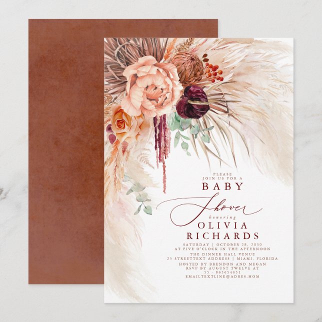 Pampas Grass Terracotta Floral Baby Shower Invitation (Front/Back)