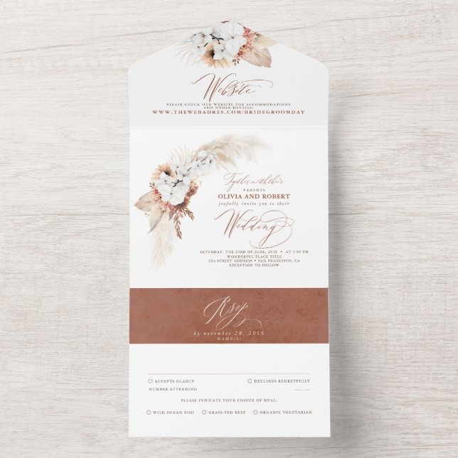 Pampas Grass Terracotta Floral Boho Wedding All In One Invitation (Inside)