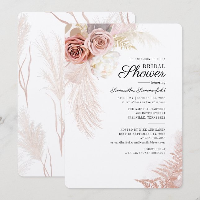 Pampas Grass Terracotta Floral Bridal Shower Invitation (Front/Back)