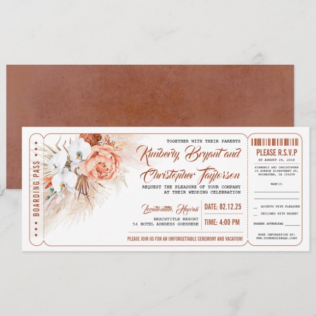 Pampas Grass Terracotta Floral Wedding Ticket Invitation (Front/Back)