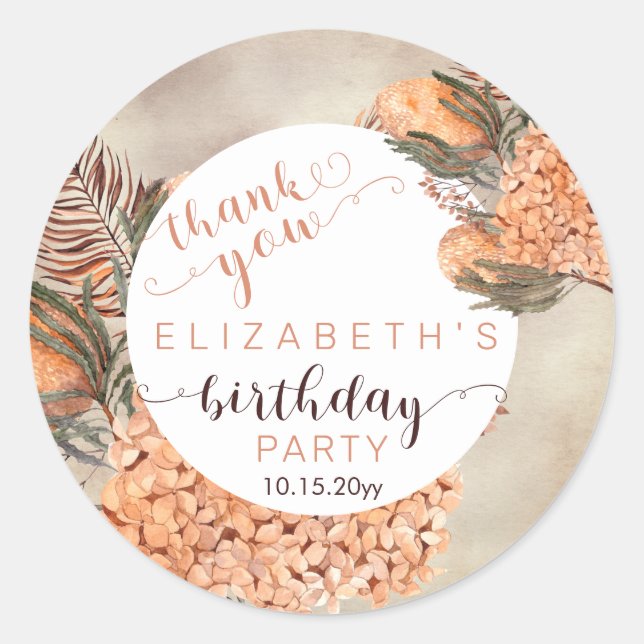 Pampas Grass Terracotta Hydrangeas Birthday Party Classic Round Sticker (Front)