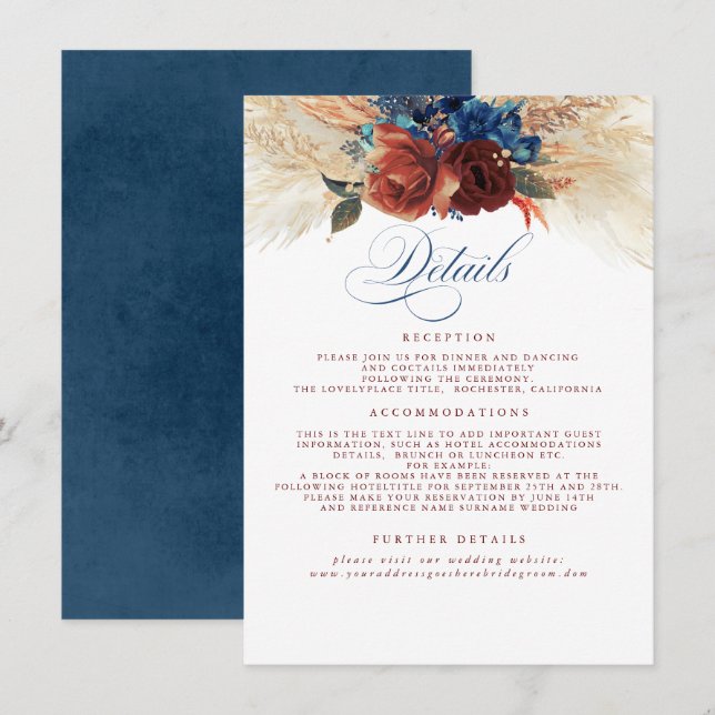 Pampas Grass Terracotta Navy Blue Wedding Details Enclosure Card (Front/Back)