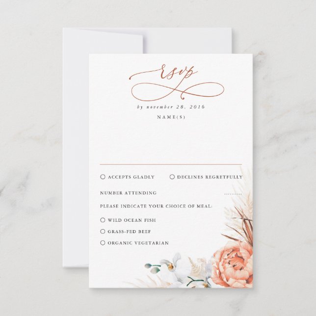 Pampas Grass Terracotta Orange Floral Wedding RSVP (Front)