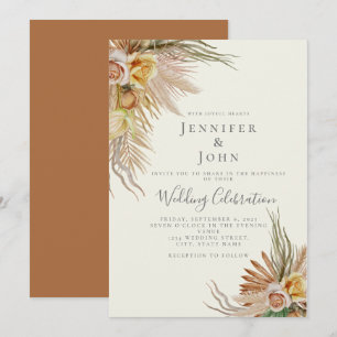 Pampas Grass Terracotta Roses Floral Boho Wedding Invitation