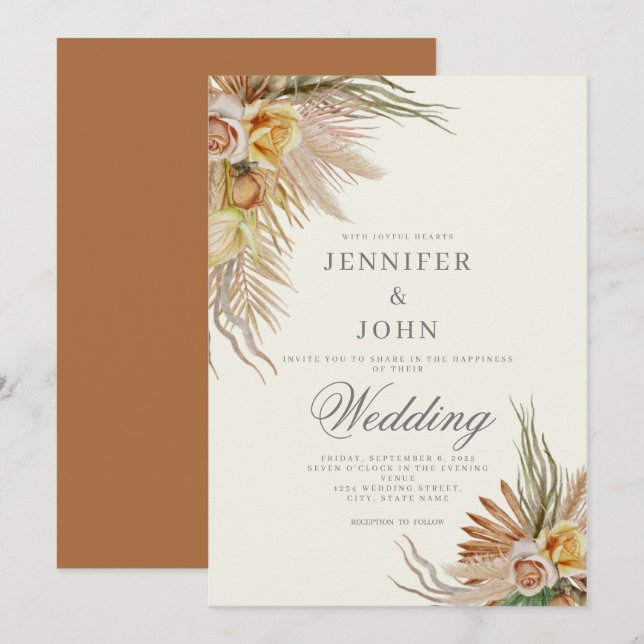 Pampas Grass Terracotta Roses Floral Wedding  Invitation (Front/Back)