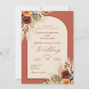 Pampas Grass Terracotta Rust Arch Wedding  Invitation