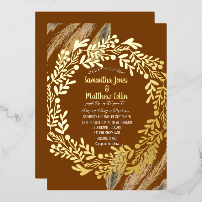 Pampas Grass Terracotta Rust Gold Foil Wedding (Front/Back)