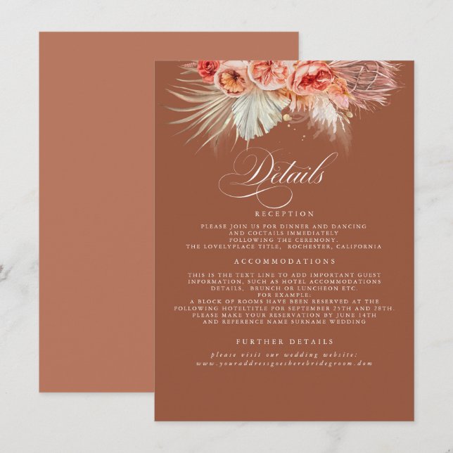 Pampas Grass Terracotta Rust Wedding Details Enclosure Card (Front/Back)