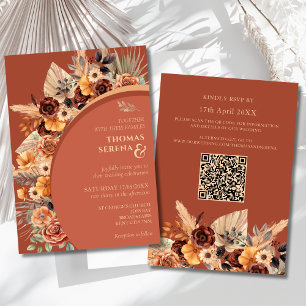 Pampas Grass Terracotta Rustic QR Code Wedding Invitation
