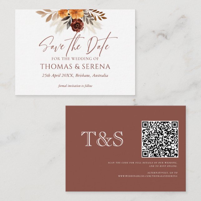 Pampas Grass Terracotta Save The Date QR Code Card (Front/Back)