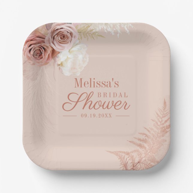 Pampas Grass Terracotta Script Bridal Shower Paper Plate (Front)