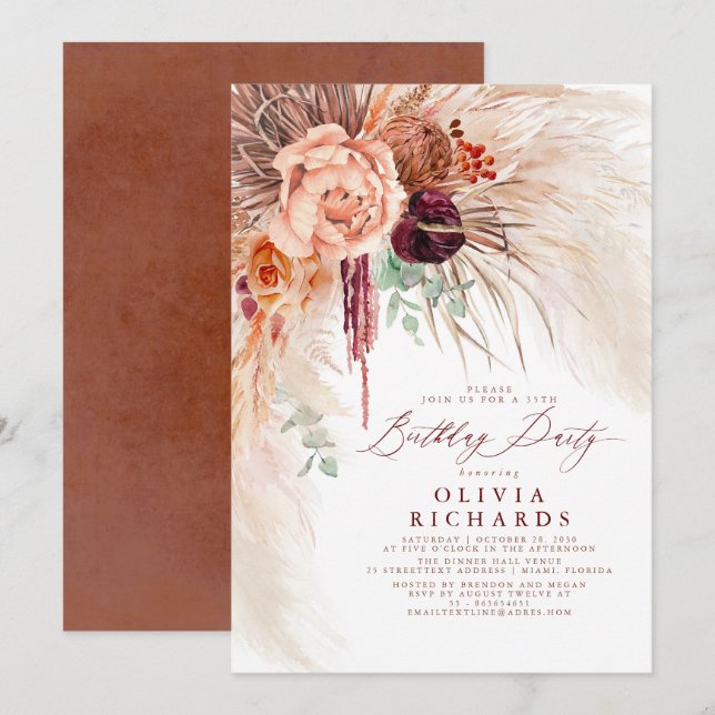 Pampas Grass Terracotta Seaside Birthday Invitatio Invitation (Front/Back)