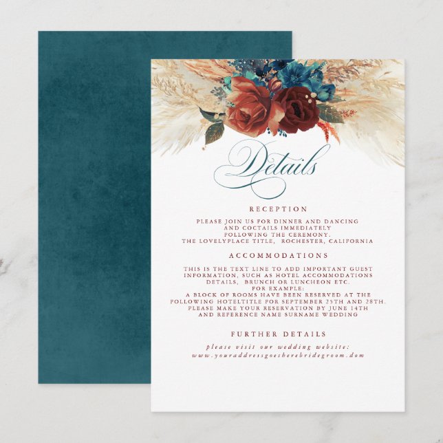 Pampas Grass Terracotta Teal Wedding Details Enclosure Card (Front/Back)