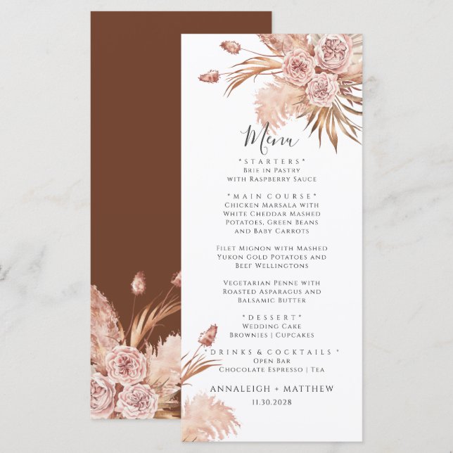 Pampas Grass Terracotta Watercolor Wedding Menu (Front/Back)