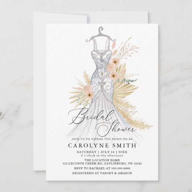 Pampas Grass Terracotta Wedding Gown Bridal Shower Invitation (Front)