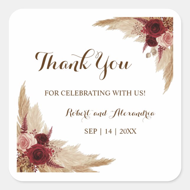 Pampas Grass Thank You for Coming Wedding  Square Sticker (Front)