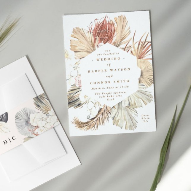 Pampas Grass Tropical Jungle Floral Wedding Invitation Belly Band (Creator Uploaded)