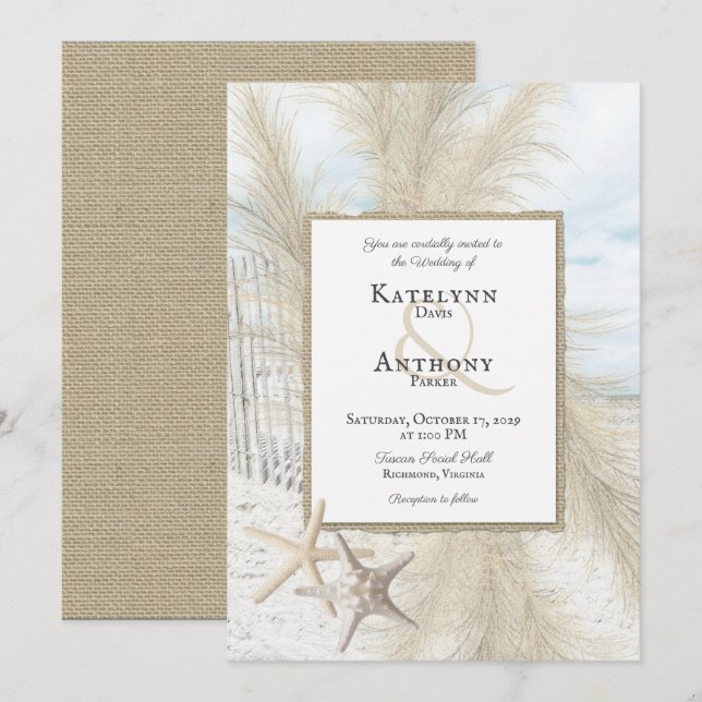 Pampas Grass Vintage Beach Wedding Invitation (Front/Back)