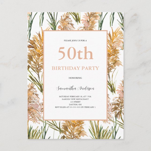 Pampas Grass Watercolor 50th Birthday  Invitation Postcard (Front)