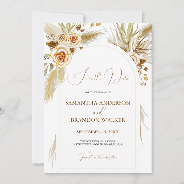 Pampas grass watercolor boho elegant Save the Date Invitation (Front)
