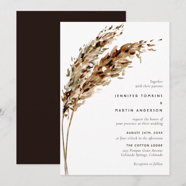 Pampas Grass Watercolor Boho Wedding Invitation (Front/Back)