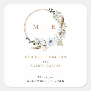 Pampas Grass Wedding Boho Terracotta Monogram Chic Square Sticker