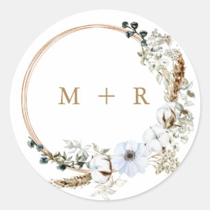 Pampas Grass Wedding Boho Terracotta Monogram Classic Round Sticker