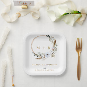 Pampas Grass Wedding Boho Terracotta Monogram Paper Plate