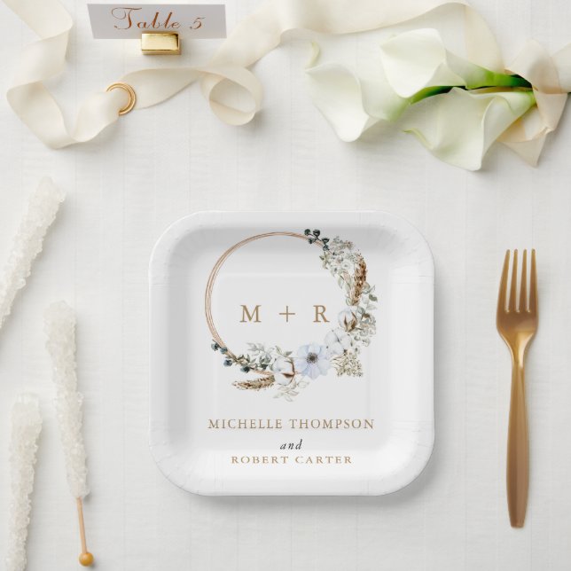 Pampas Grass Wedding Boho Terracotta Monogram  Paper Plate (Wedding)