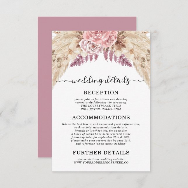 Pampas Grass Wedding Details Accommodations Invitation (Front/Back)