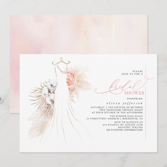 Pampas Grass Wedding Gown Pink Bridal Shower Invitation (Front/Back)