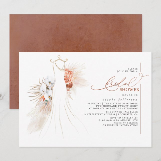 Pampas Grass Wedding Gown Terracotta Bridal Shower Invitation (Front/Back)